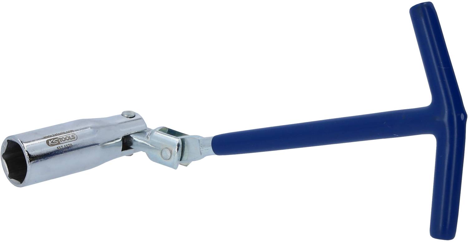 T-förmiger Zündkerzenschlüssel mit blauem Griff und abgewinkeltem drehbarem Kopf, geeignet zum einfachen Lösen oder Festziehen von Zündkerzen.