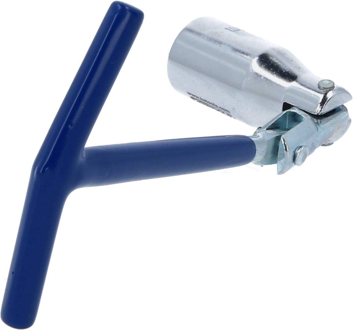 Ein blaues T-förmiges Griffwerkzeug mit einem silbernen Metallaufsatz, der als Flaschenöffner dient.