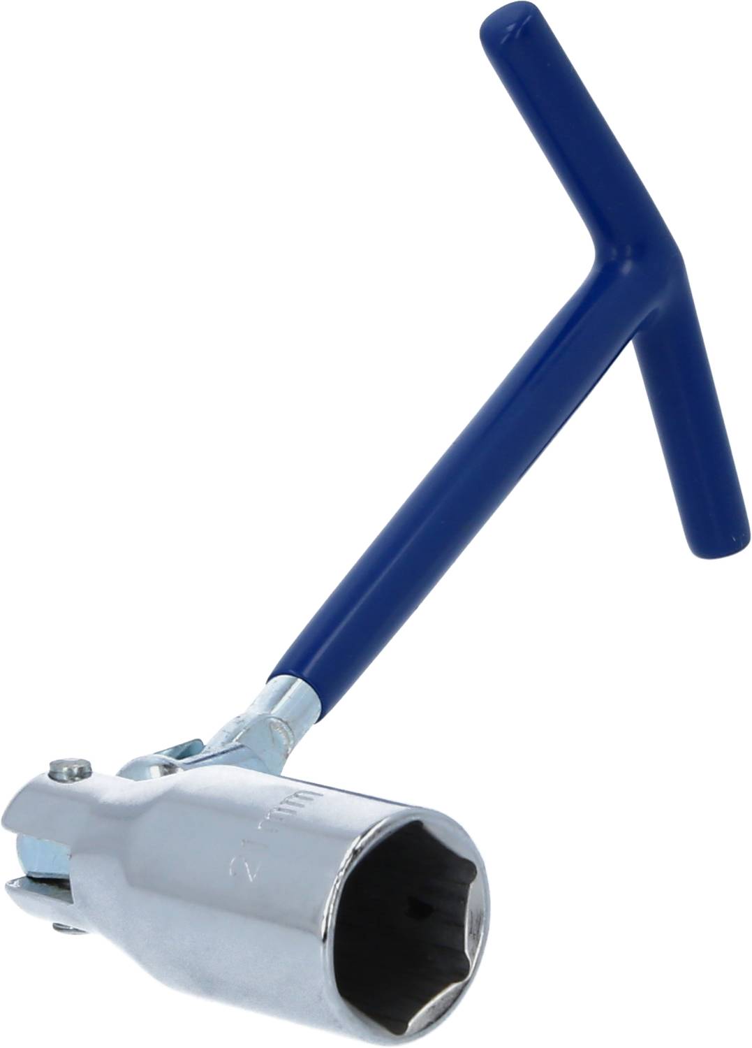 Ein blauer T-Griff-Schlüssel mit einem silbernen Stecknussaufsatz. Geeignet zum Lösen oder Anziehen von Schrauben oder Muttern.