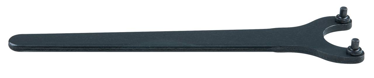 Ein schwarzer Schraubenschlüssel mit zwei Stiften am offenen Ende liegt horizontal. Ideal zum Anziehen von Muttern mit speziellen Formen.