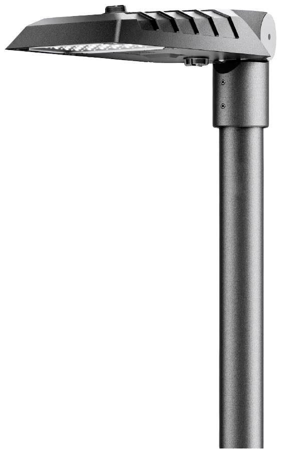 Eine moderne, schwarze Straßenlaterne mit LED-Beleuchtung, montiert auf einem glatten, dunklen Mast.