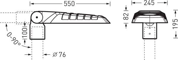 Zeichnung eines Straßenschilds mit Maßen: 550 mm Länge, 245 mm Breite, 195 mm Höhe. Drehbereich 0-90 Grad, Durchmesser 76 mm.