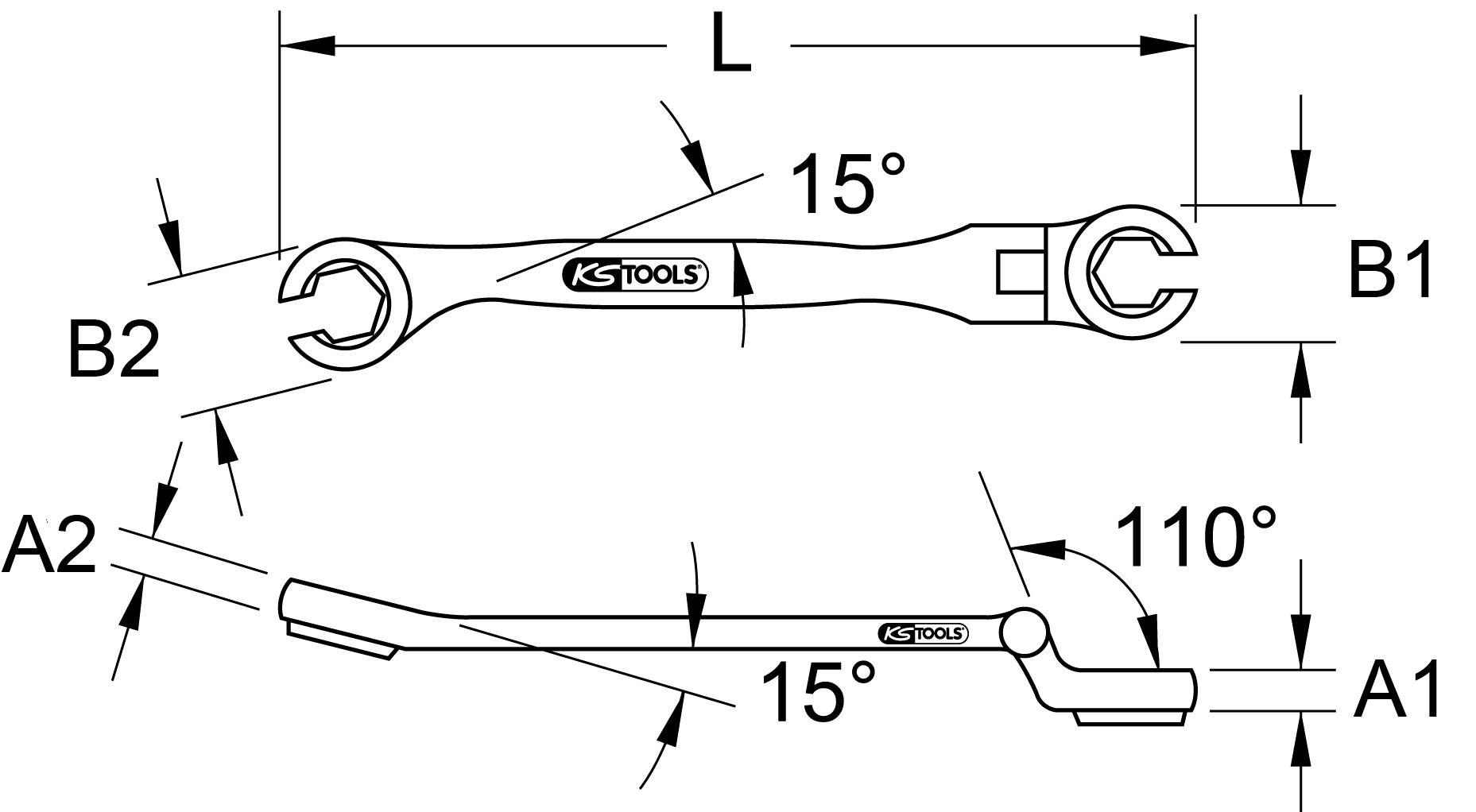 Abbildung eines doppelseitigen Ringschlüssels. Zeigt Messwerte, Winkel von 15° und 110°, und die Bezeichnungen B1, B2, A1, A2.