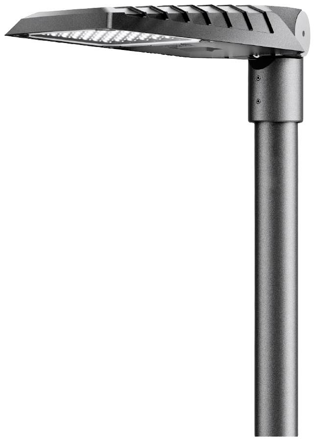Eine moderne LED-Straßenlampe mit schlankem, grauem Design, montiert auf einem Metallmast, geeignet für urbane Beleuchtung.