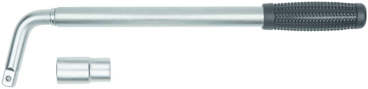 Abgebildet ist ein verstellbarer Radmutternschlüssel mit einer Stecknuss. Der Griff hat eine rutschfeste Oberfläche.