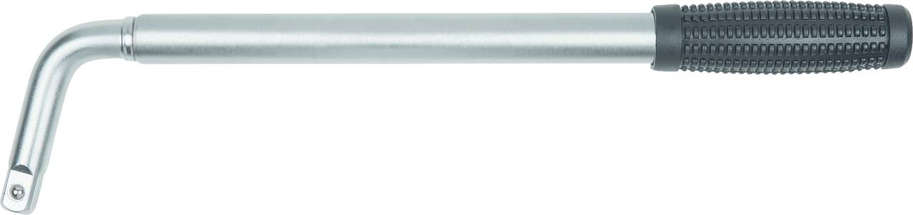 Ein silberfarbener Handgriff mit einem schwarzen, geriffelten Griff und einer 90-Grad-Biegung am Ende, zum Drehen von Schrauben.