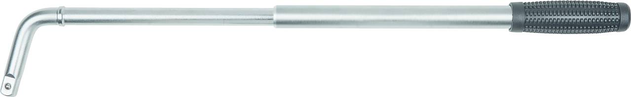 Ein silberner Drehmomentschlüssel mit einem L-förmigen Kopf und einem schwarzen, geriffelten Griff.