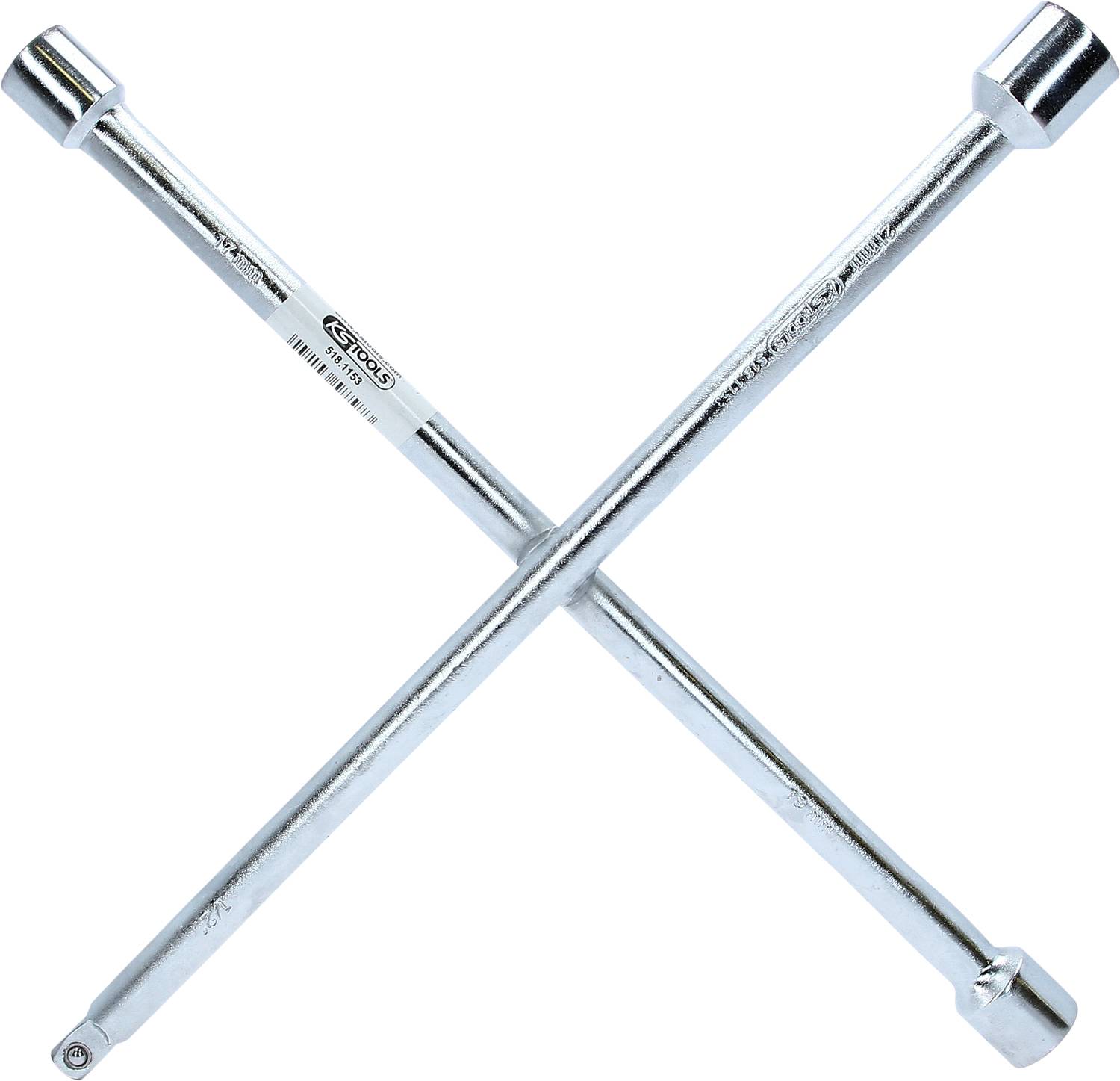 Kreuzschlüssel in X-Form, bestehend aus zwei sich kreuzenden Steckschlüsseln. Geeignet für das Lösen von Radmuttern an Fahrzeugen.