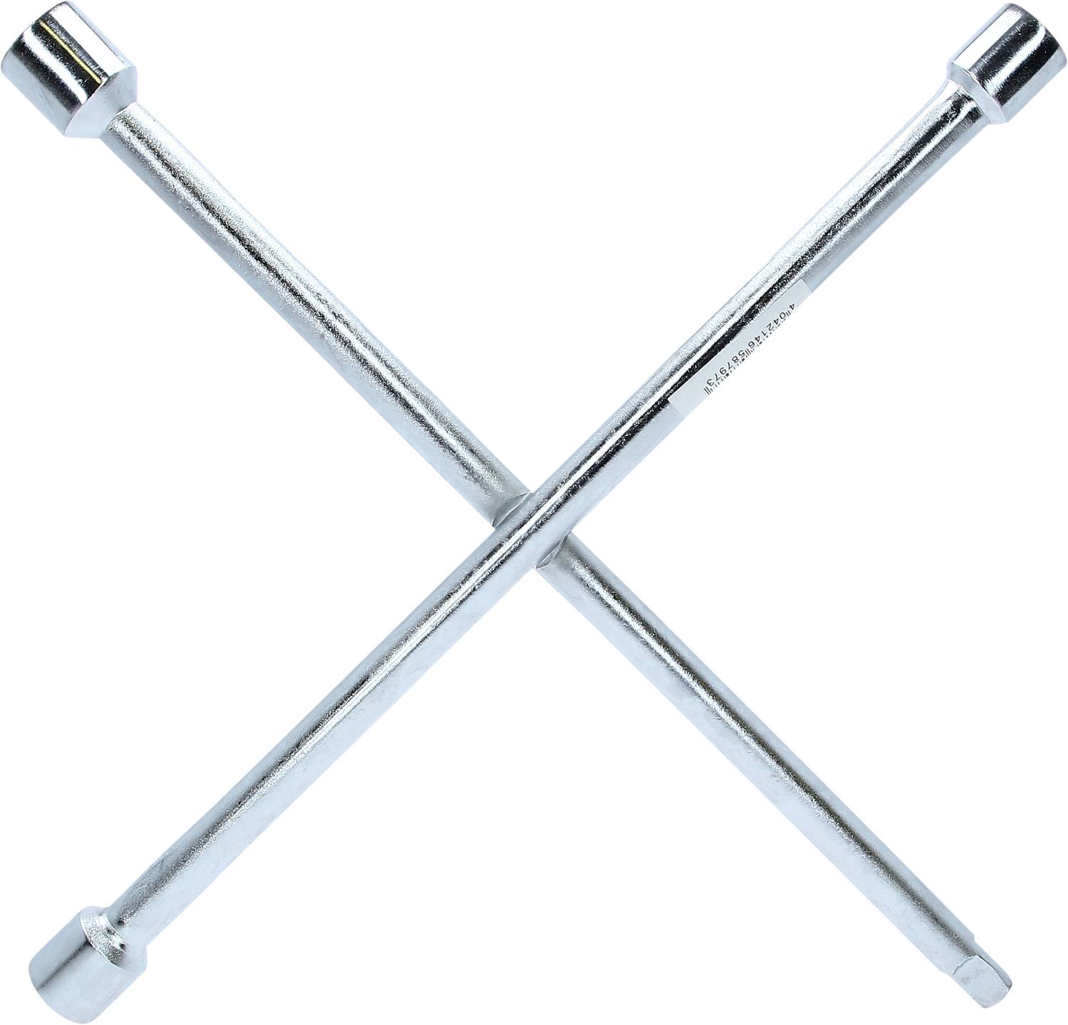 Ein kreuzförmiger Radkreuzschlüssel mit vier Steckschlüsseln an den Enden, verwendet zum Lösen oder Festziehen von Radmuttern.