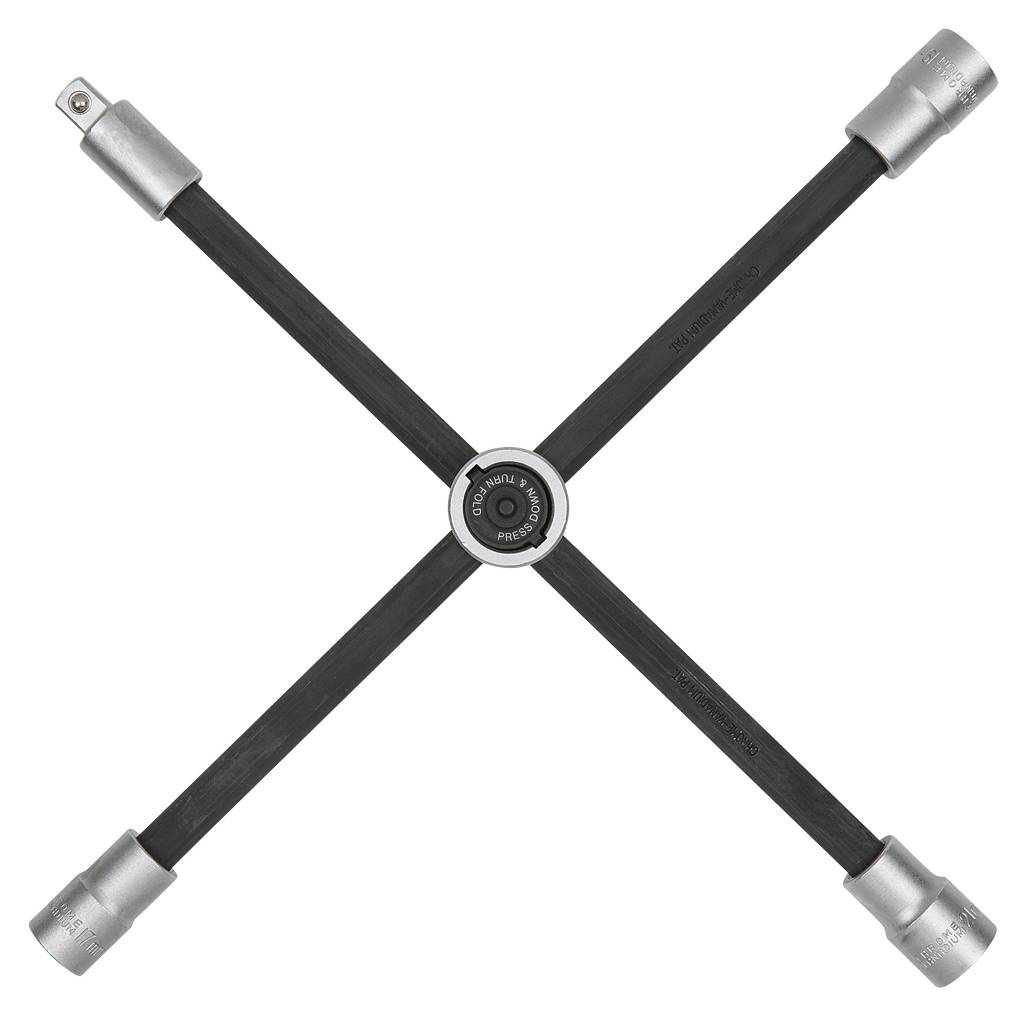 Kreuzschlüssel mit vier Steckaufsätzen, genutzt zum Lösen und Festziehen von Radmuttern an Autos.