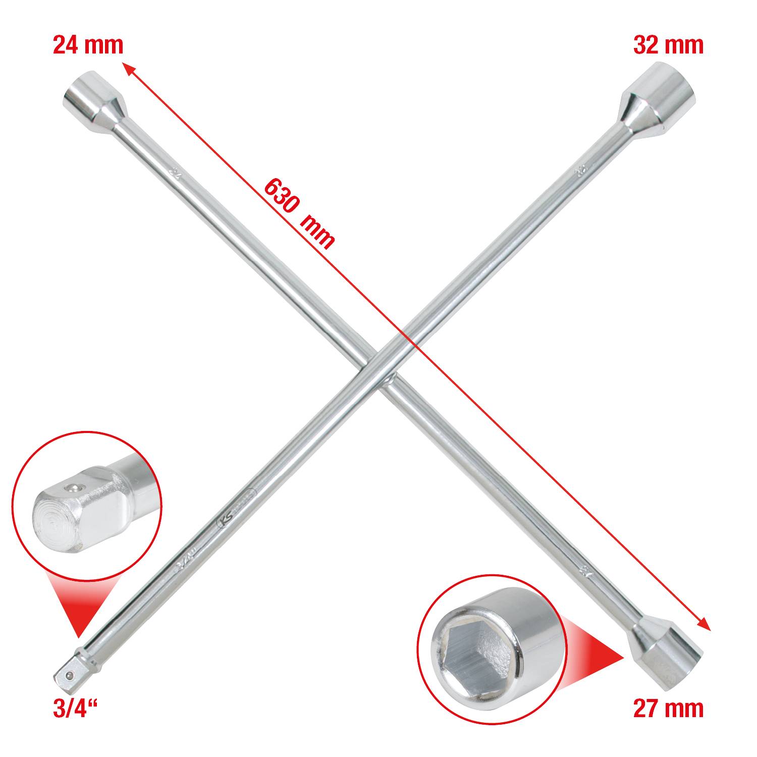 'Kreuzschlüssel mit Maßen: 630 mm Länge, 24 mm, 32 mm, 3/4