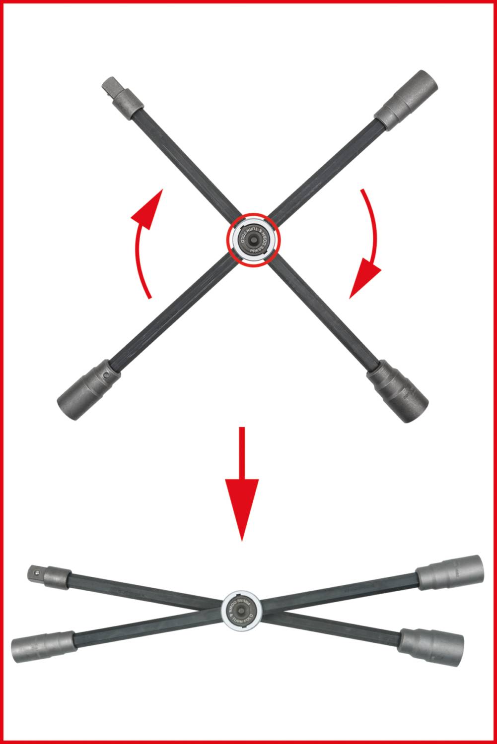 Schritt zur Anpassung eines Werkzeugs mit kreuzförmigem Design zur Drehung der Arme, um zwei verschiedene Positionen zu zeigen.