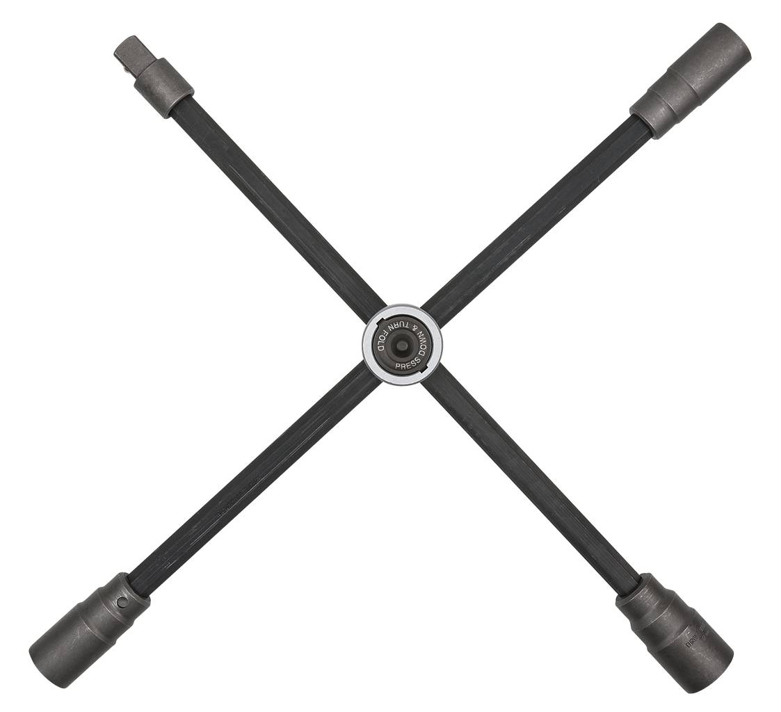 Ein Kreuzschlüssel für Radmuttern aus Metall, ein Werkzeug in Form eines Kreuzes mit vier unterschiedlichen Nussgrößen an den Enden.