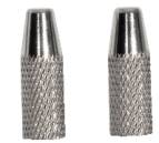 Zwei silberne Metallhülsen nebeneinander, unterschiedlich groß, mit geriefter Oberfläche. Sie sind wahrscheinliches Zubehör für ein technisches Gerät.