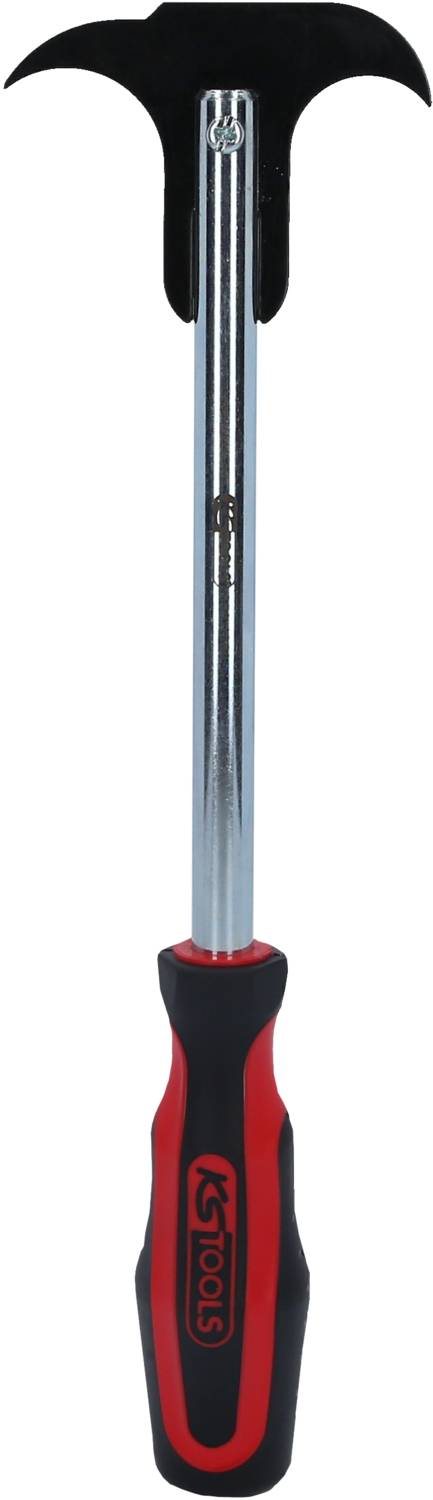 Ein Werkzeug mit einem gebogenen, gezackten Kopf und einem roten, ergonomischen Griff, geeignet zum Entfernen von Reifen.