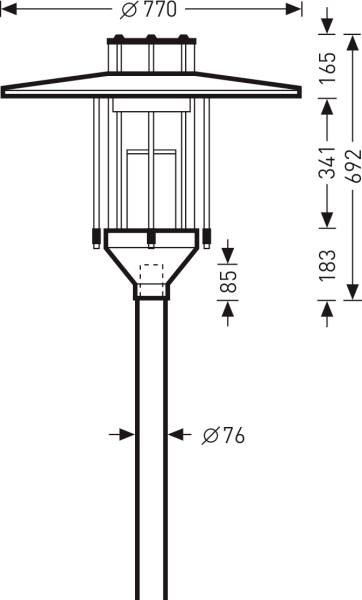 Technische Zeichnung einer Straßenlaterne mit Maßen: Gesamthöhe 1851 mm, Durchmesser des Schirms 770 mm, Mastdurchmesser 76 mm.