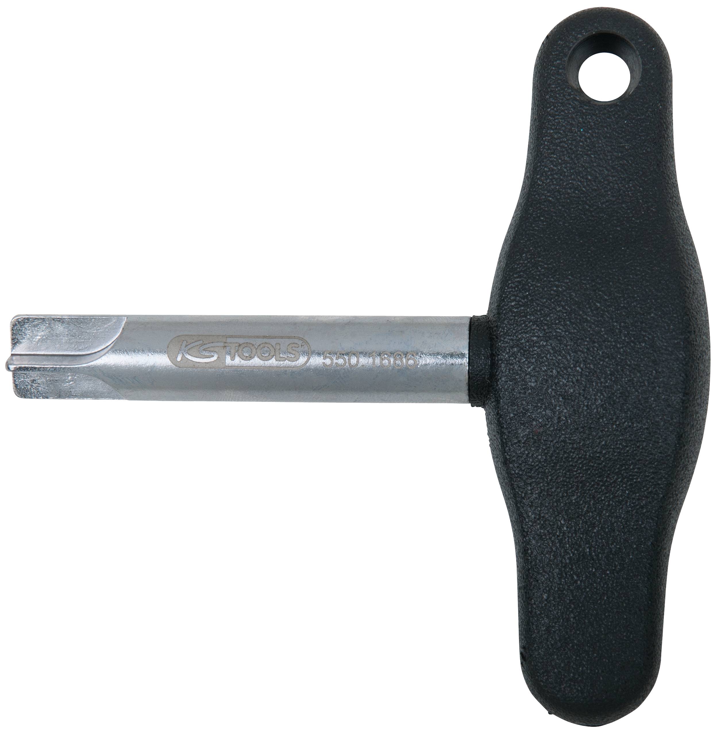 Ein Werkzeug mit ergonomischem Griff und Metallschaft, verwendet zum Justieren von Komponenten. Geeignet für technische Anwendungen.