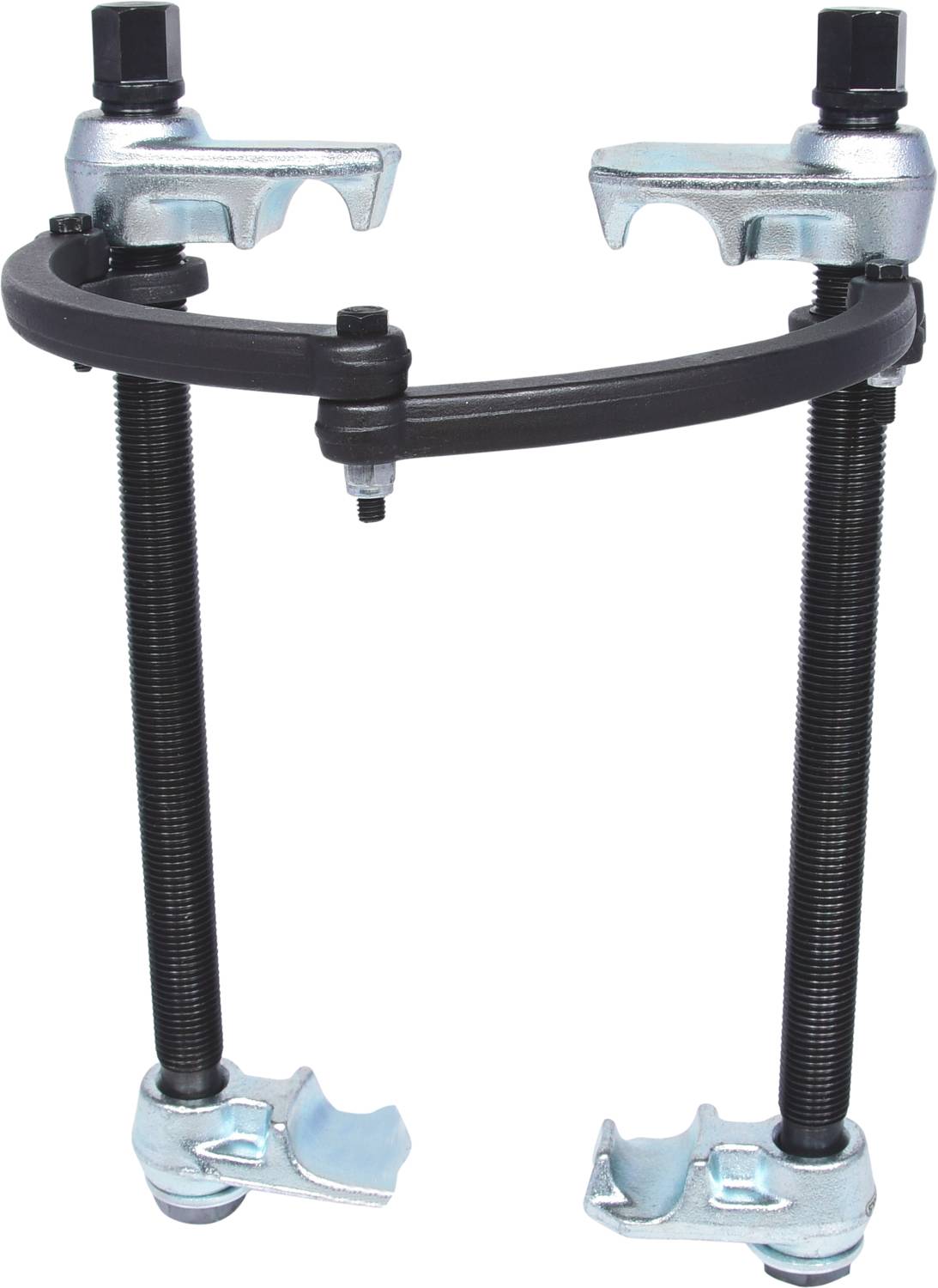 Zweiarmiger Federspanner mit Schraubmechanismus, geeignet zum sicheren Spannen von Fahrzeugfedern für Reparaturarbeiten.