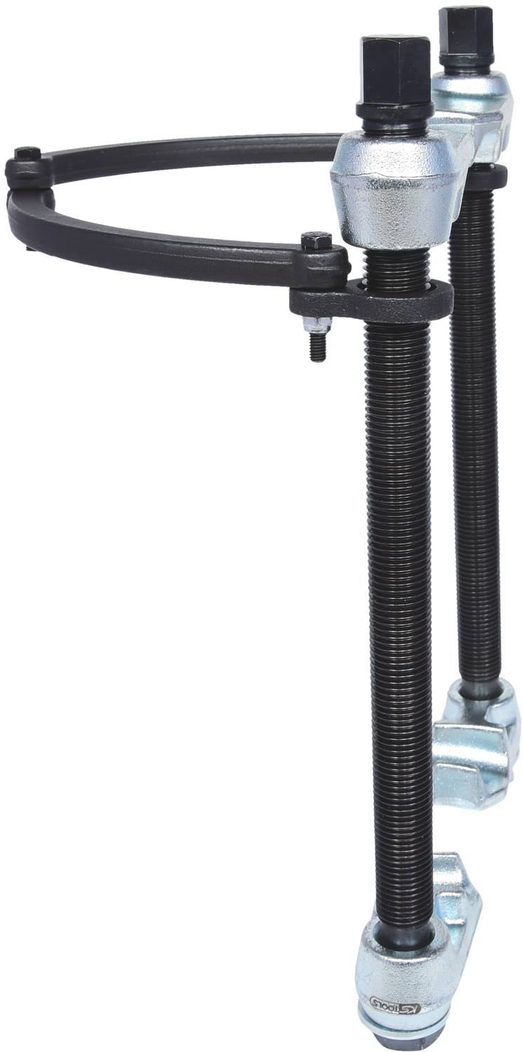 Zwei Schraubendruckfederspanner aus Metall mit gezahnten Greifern für Autoreparaturen. Ideal zur sicheren Komprimierung von Federn.