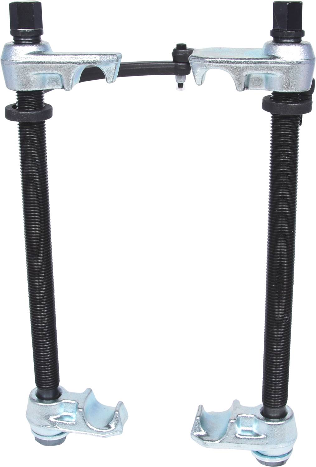 Ein Federspanner-Werkzeug mit zwei robusten Schrauben und Klemmsystemen, verwendet zur sicheren Kompression von Fahrzeugfederungen.