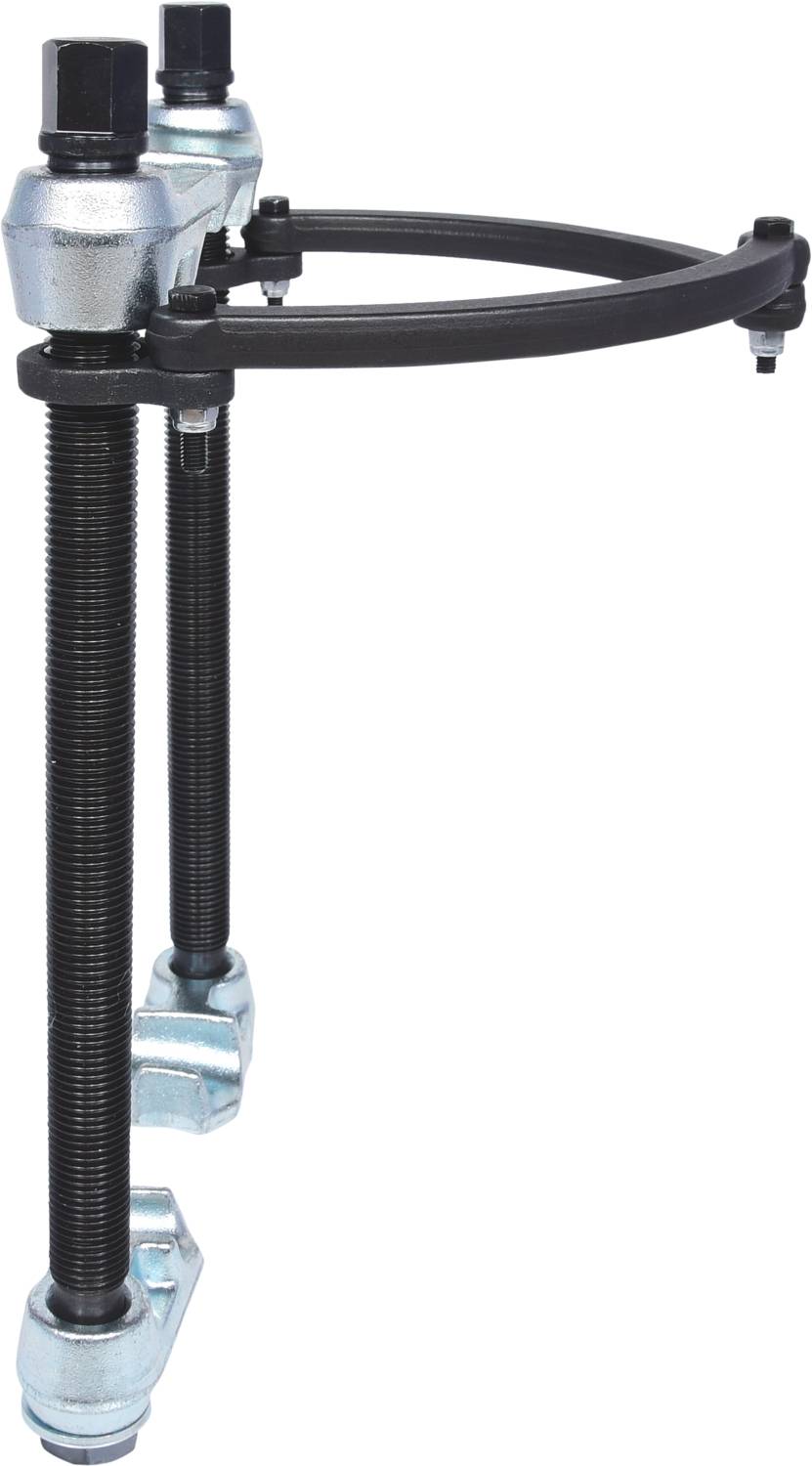 Gerät zur Montage von Federn in einer Aufhängung. Zwei lange Schrauben mit unterem Halter und oberem Spannbügel, aus Metall.