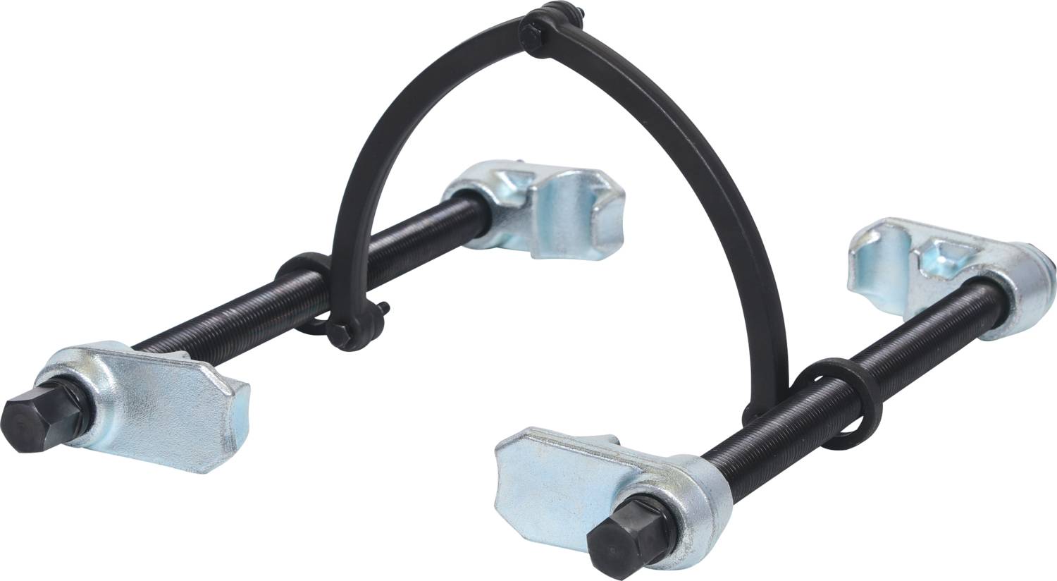 Ein Schraubenfeder-Spanner mit zwei Metallstangen und verstellbaren Klemmen, genutzt zum sicheren Entfernen oder Installieren von Schraubenfedern.