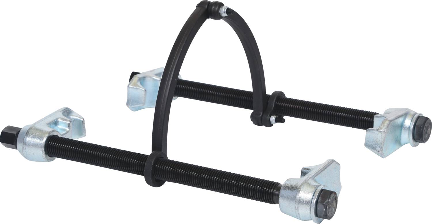 Feder-Spannwerkzeug mit zwei robusten Gewindestangen, beweglichen Greifern und Sicherheitsbügel zur sicheren Kompression von Schraubenfedern.