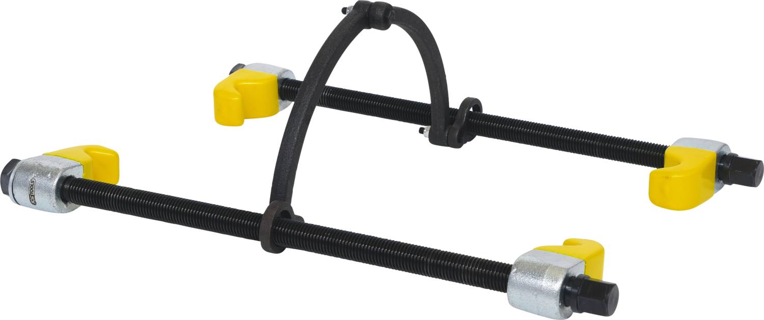 Ein verstellbarer Spannarm mit gelben Endkappen und einem schwarzen Rahmen, verwendet zum Stabilisieren oder Halten von Objekten.