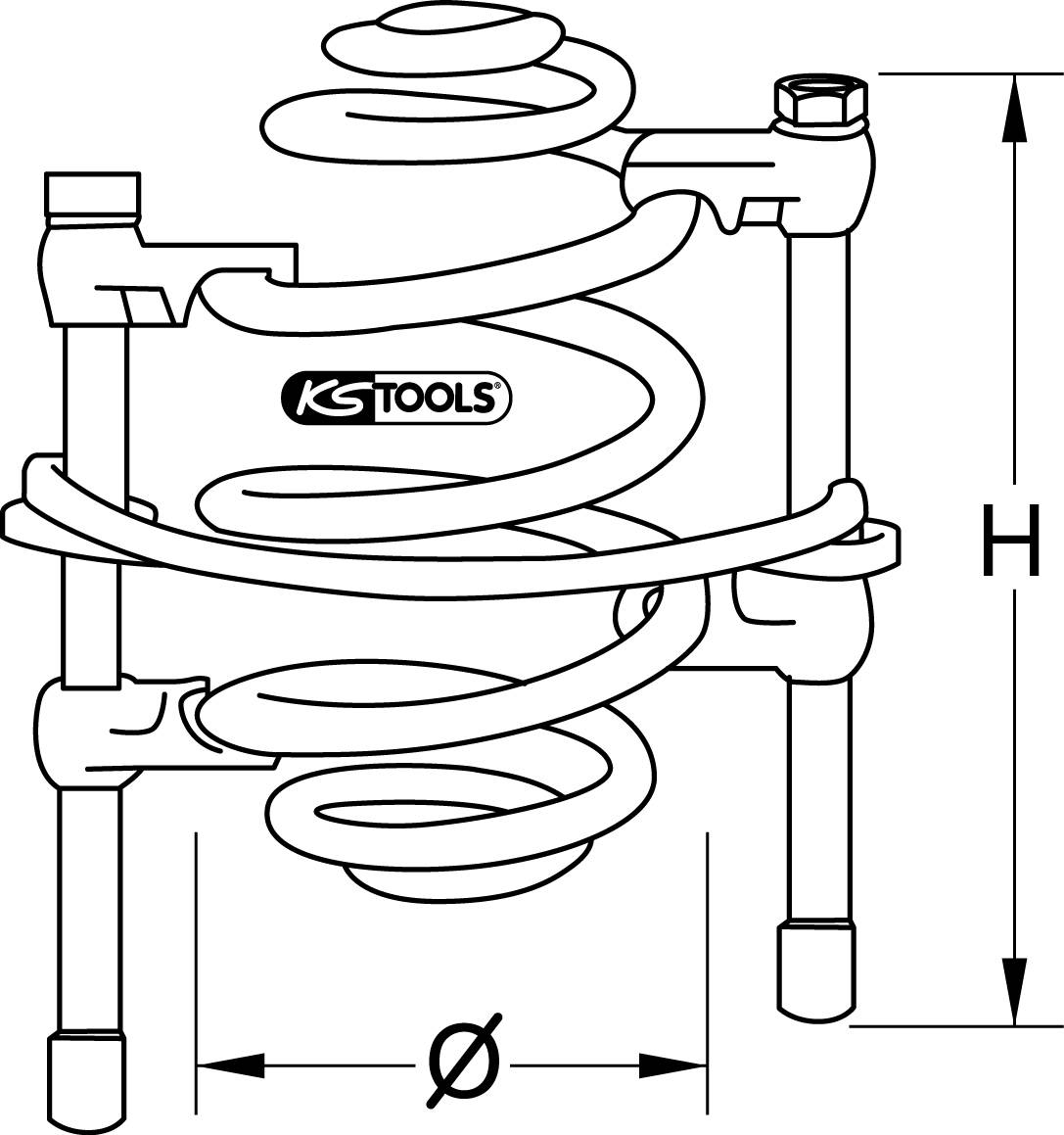 Eine Spiralfeder zwischen zwei Stangen, umgeben von einem Metallrahmen. Maße: Durchmesser (Ø) und Höhe (H) angegeben.