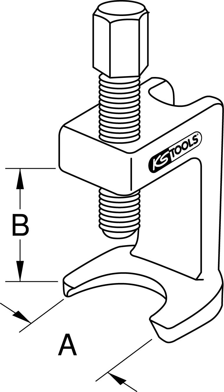 Illustration eines Abziehers von KS Tools mit beschrifteten Maßen 'A' und 'B', dargestellt sind Schraube und Gabelstruktur.