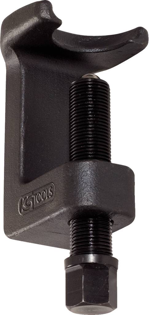 Ein schwarzer Abzieher aus Metall mit einem Schraubengewinde und einer gekrümmten Halterung, geeignet zum Entfernen von Radnaben.