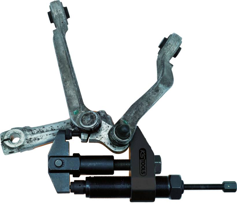 Ein spezielles Werkzeug zum Entfernen und Einsetzen von Spurstangenköpfen; zeigt Metallarme und eine Schraubmechanik.