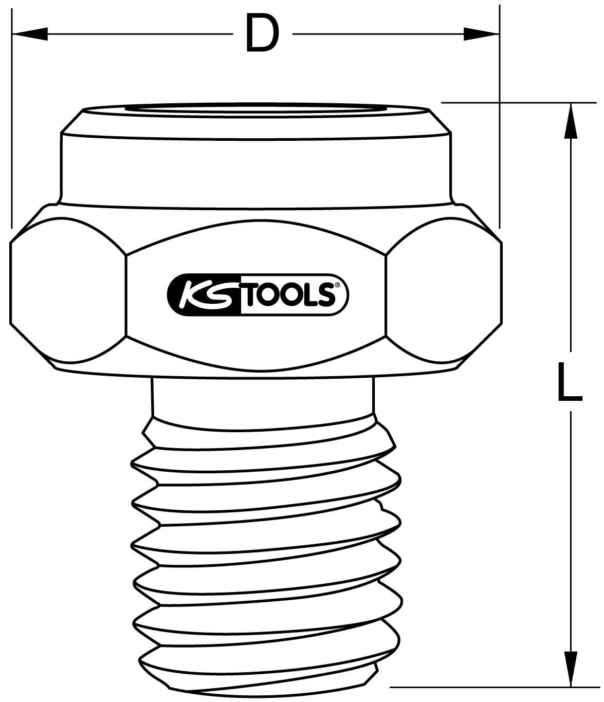Technische Zeichnung einer Sechskantmutter mit Logo 'KS Tools', mit den Maßen D und L gekennzeichnet.