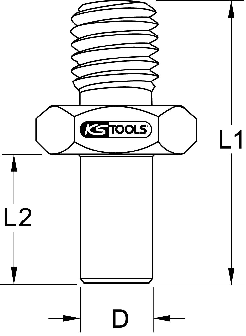 Technische Zeichnung einer Schraube von KS Tools, zeigt Gewindelänge (L1), Schaftlänge (L2) und Durchmesser (D).