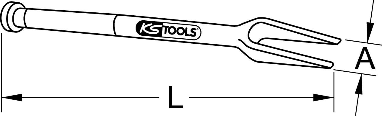 Eine Zeichnung eines Werkzeugs mit zwei Zinken und einem Griff mit der Aufschrift 'KSTools'. Maße A und L sind als Abstände markiert.