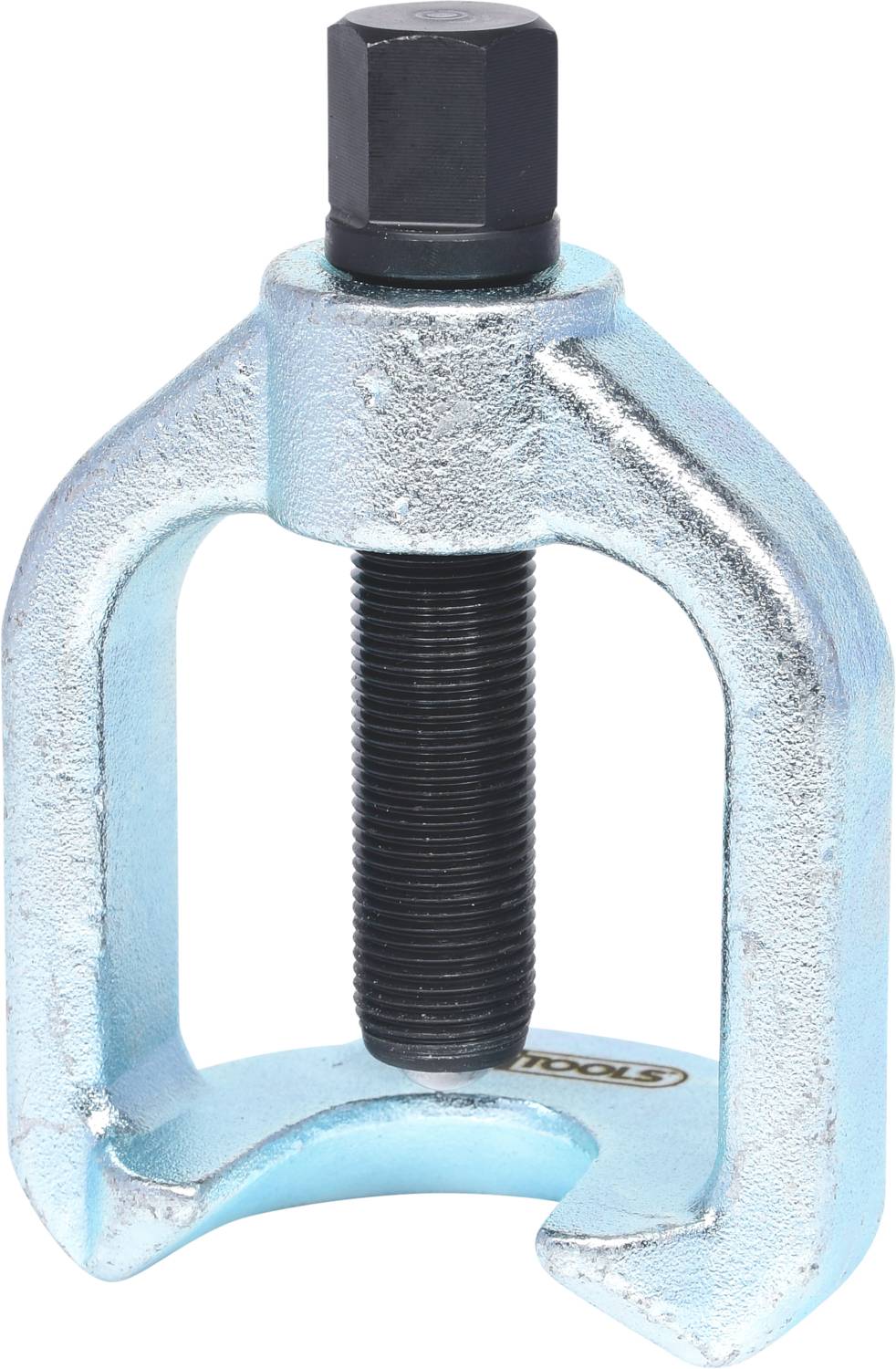 Ein silberner Abzieher mit schwarzer Schraube, verwendet zum Entfernen von Teilen wie Zahnrädern oder Lagern in mechanischen Anwendungen.