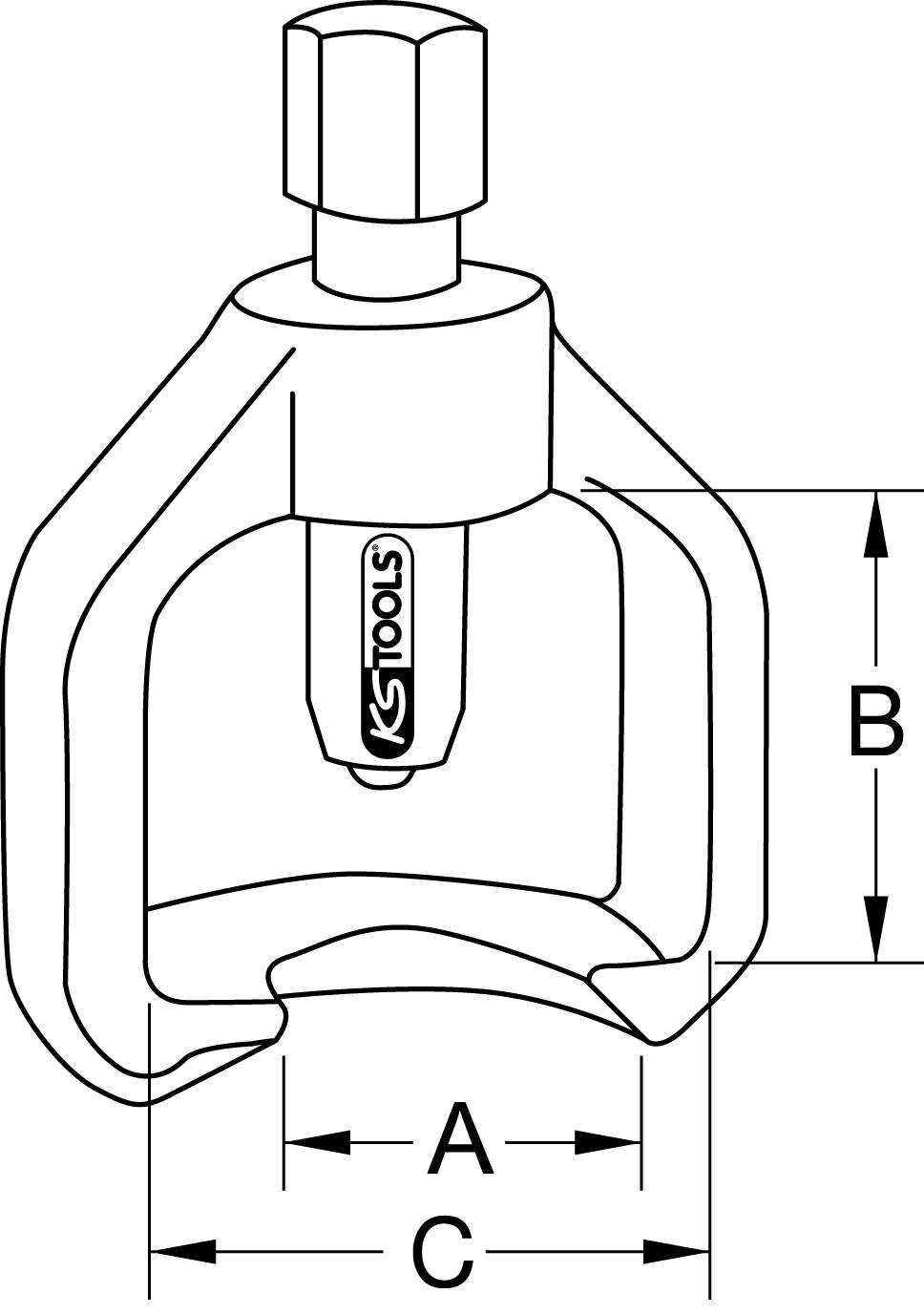 Lineart-Zeichnung eines Werkzeugabziehers mit Maßen A, B und C. Zeigt einen zylindrischen Kopf, zwei gebogene Arme und das KS Tools-Logo.