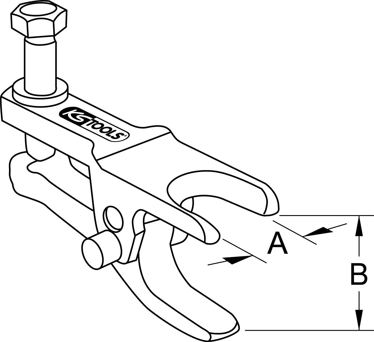 Zangenteil mit Schraubmechanismus und Gabelkopf. Markiert mit 'A' für horizontale Öffnungsweite und 'B' für vertikale Öffnungstiefe.