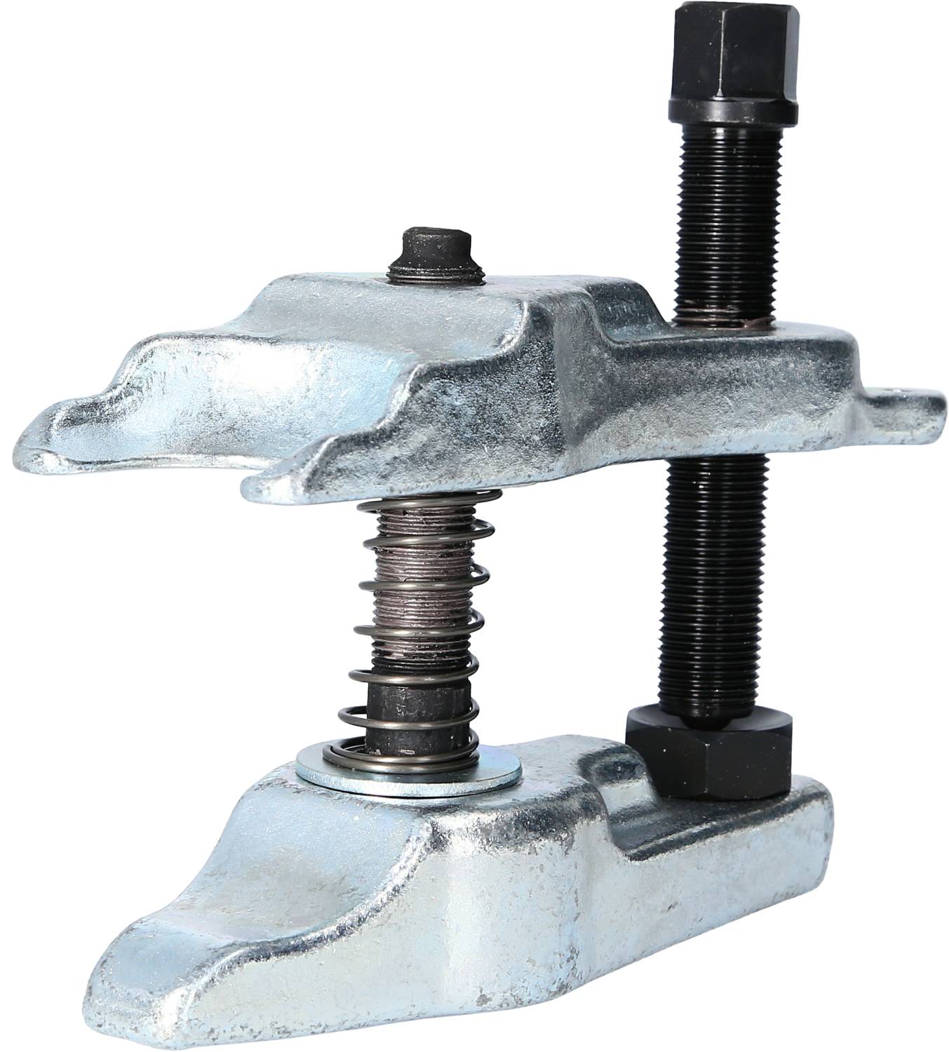 Metallischer Federspanner, bestehend aus zwei versetzten Klammern und einer zentralen Schraube mit Federmechanismus, zur Federspannung.