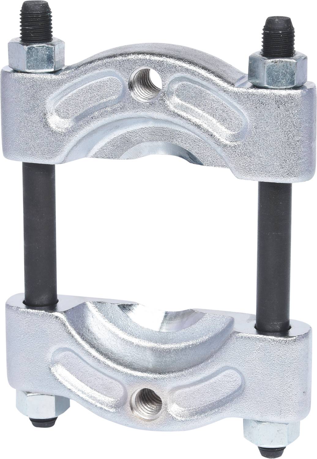 Metallischer Gegenlager-Abzieher mit zwei Bolzen und Muttern, zur Entfernung von Lagern oder ähnlichen Bauteilen aus Maschinen.