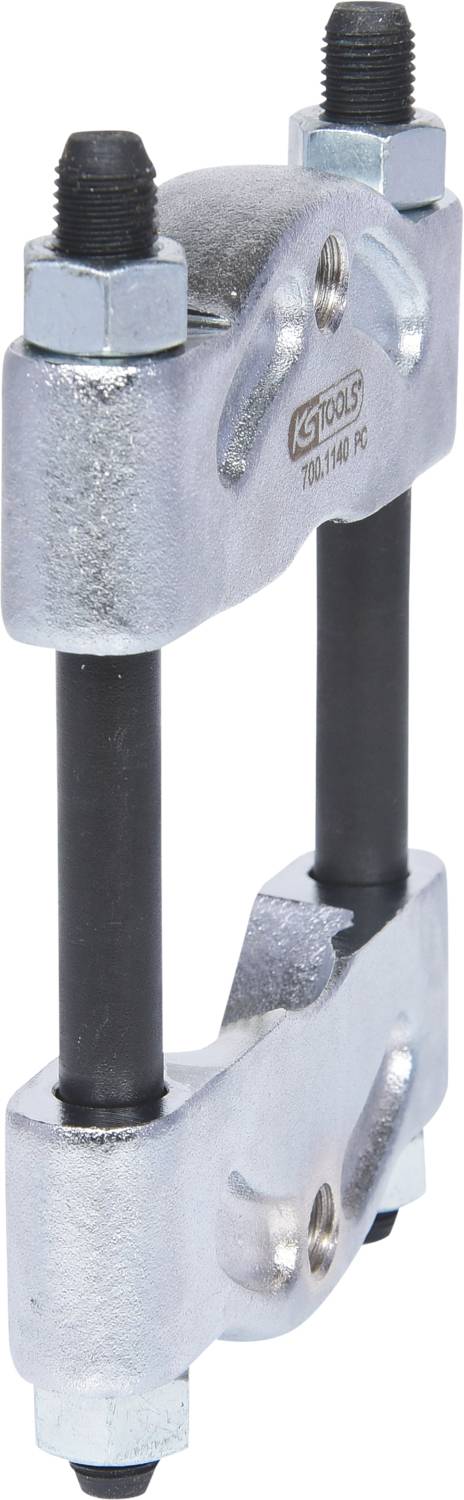 Ein Abzieher für Lager und Zahnräder aus silbernem Metall mit zwei schwarzen Schrauben und einem GS Tools-Logo auf der Oberseite.