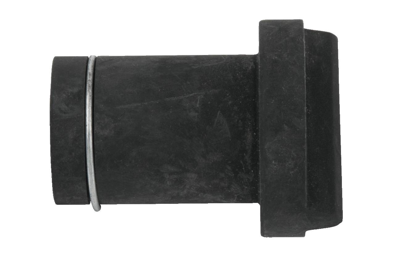 Ein schwarzes, zylindrisches Gummiobjekt mit einem Metallring in der Mitte und einer breiteren rechteckigen Basis.