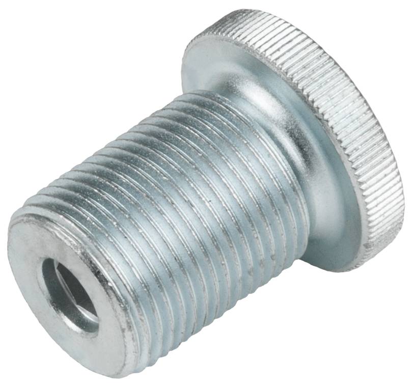 Metall-Gewindestecker mit gerändeltem Rand, oft für hydraulische oder pneumatische Systeme verwendet.