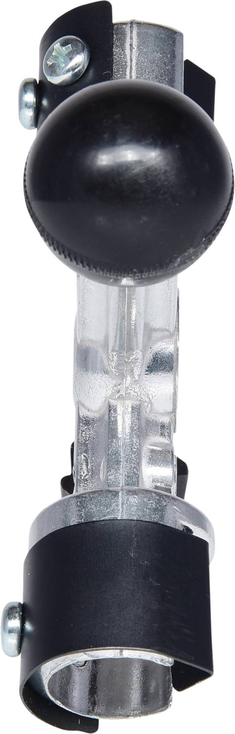 Ein metallisches Rohrverbindungsstück mit transparentem Mittelteil und schwarzem Kugelgelenk, befestigt mit Schrauben.