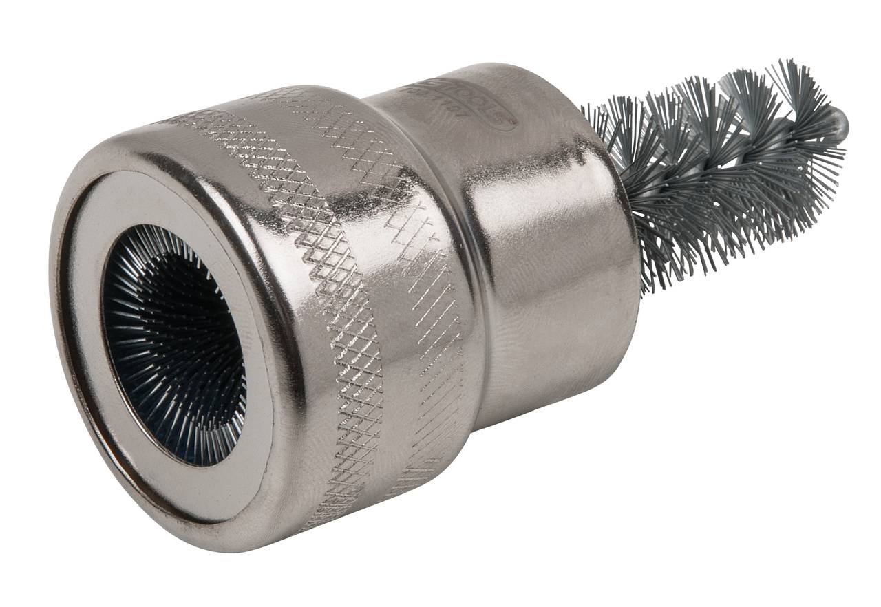 Rundbürste mit Metallgehäuse, Borsten aus Metall; wird zur Reinigung von Rohren oder Innengewinden eingesetzt.