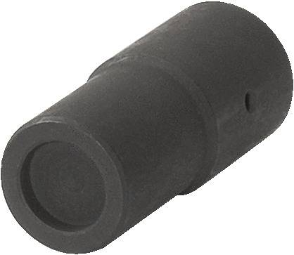 Ein zylindrisches, schwarzes Metallstück, vermutlich ein Adapter oder eine Kupplung, vor einem weißen Hintergrund.