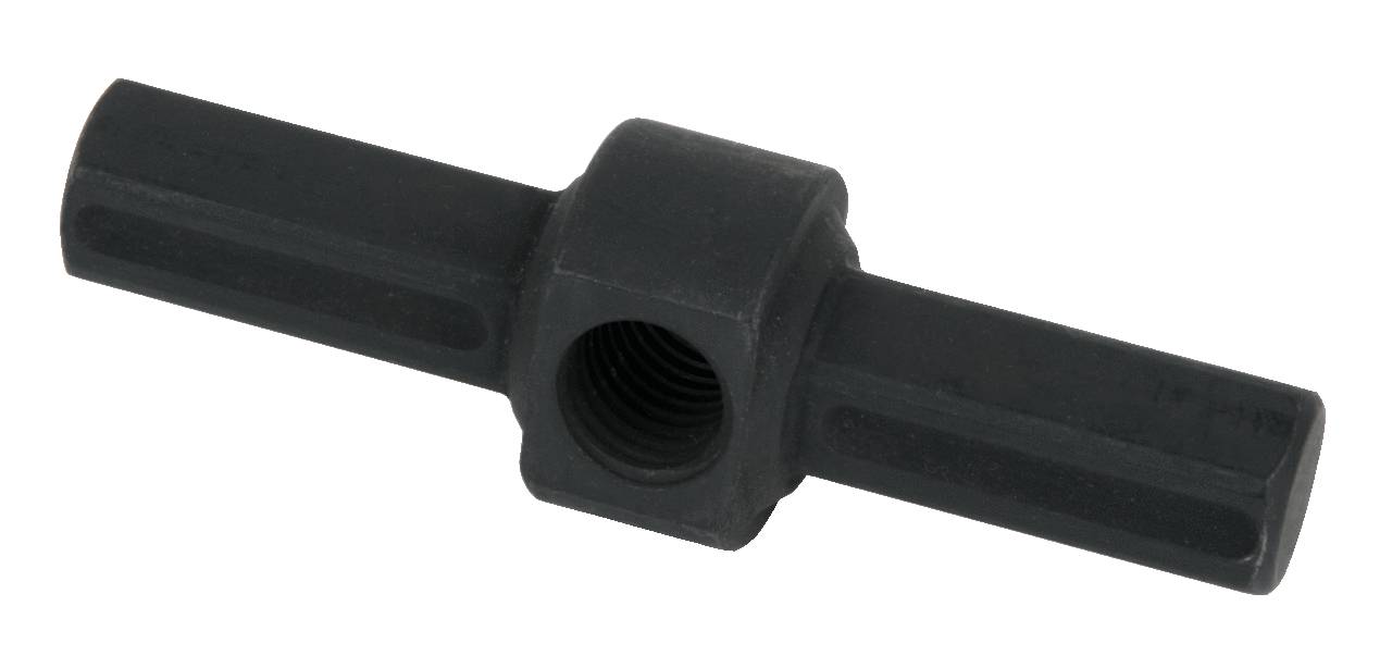Ein schwarzes, sechskantiges Metallteil mit Gewindebohrung in der Mitte, möglicherweise eine Verbindung oder Adapter für Rohrleitungen.