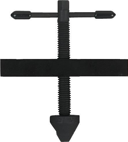 Schraubzwinge vor weißem Hintergrund. Ein schwarzes Werkzeug mit T-förmigem Griff und gewindeförmiger Spindel, genutzt zum Fixieren.