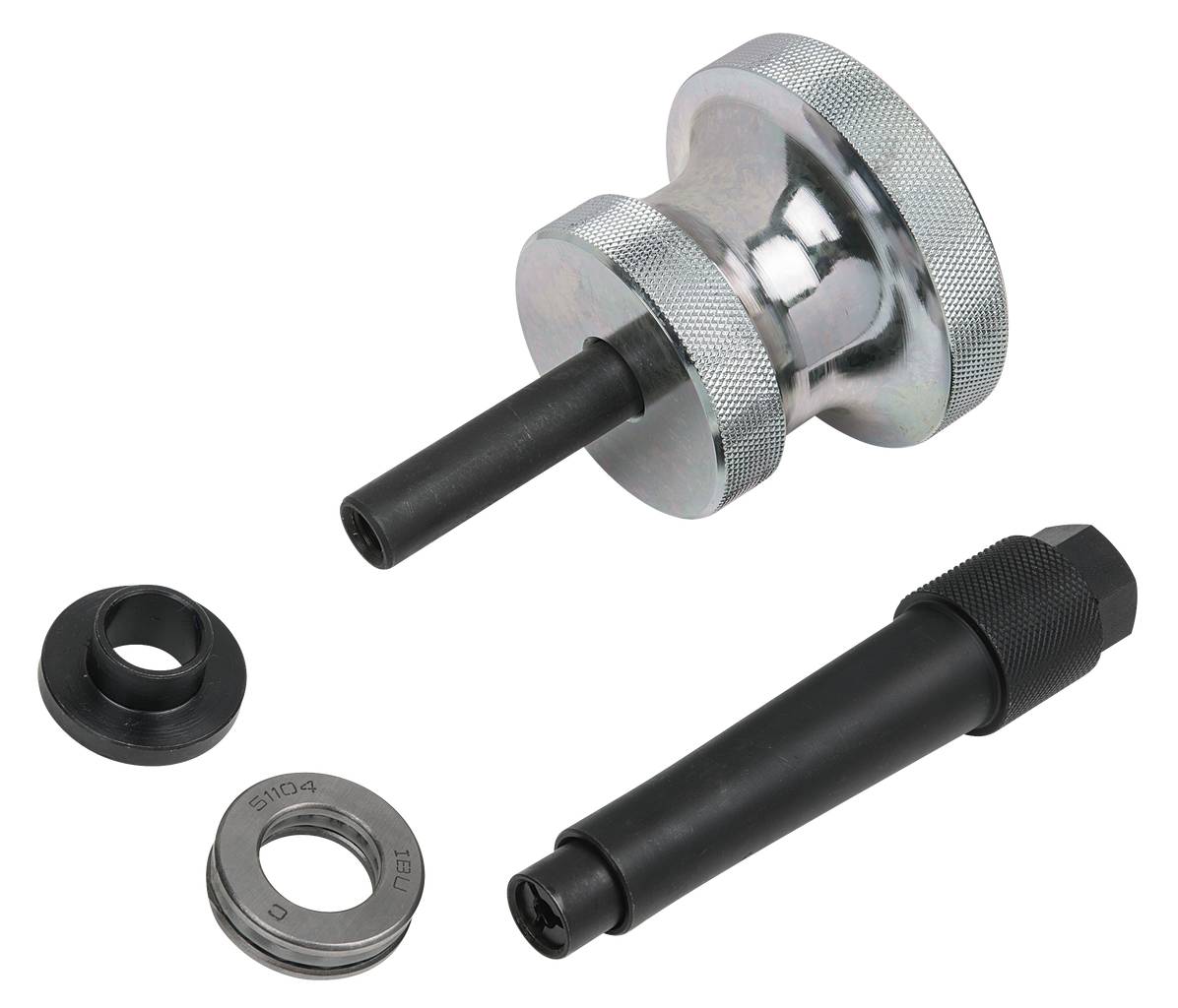 Metallisches Werkzeugset bestehend aus Nuss, Schraube und Hülse, zur Bearbeitung und Anpassung von mechanischen Teilen.