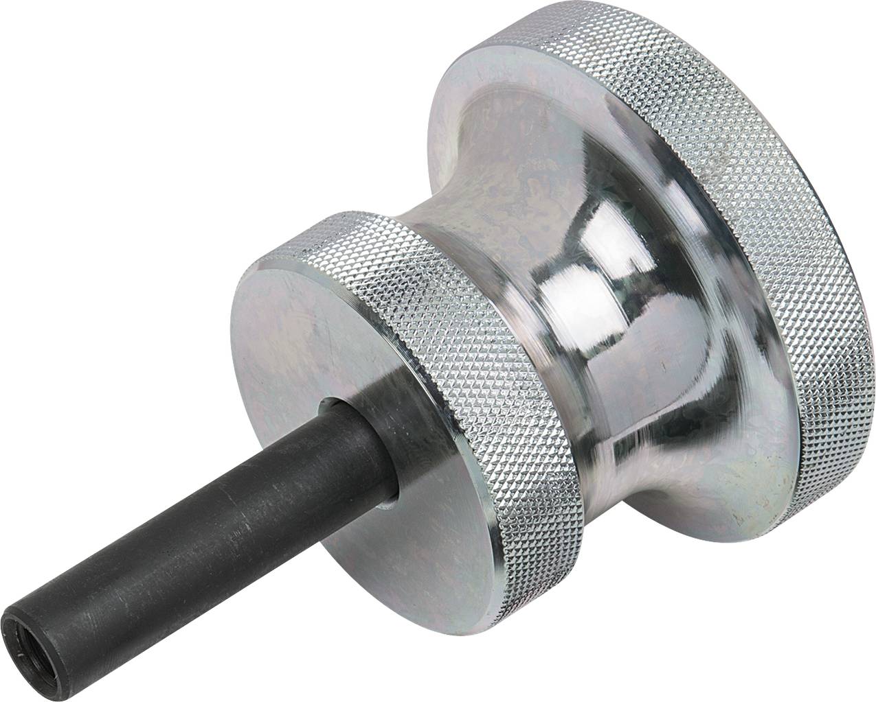 Ein silbernes Metallwerkzeug mit gerändelten Rändern und einem schwarzen Griff, möglicherweise für industrielle oder handwerkliche Zwecke.